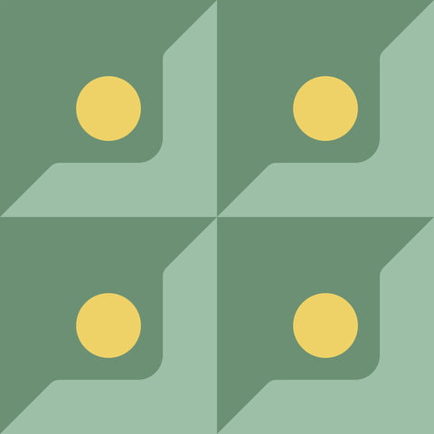 Base product with geometric pattern of four yellow circles on muted green background with angular overlapping shapes