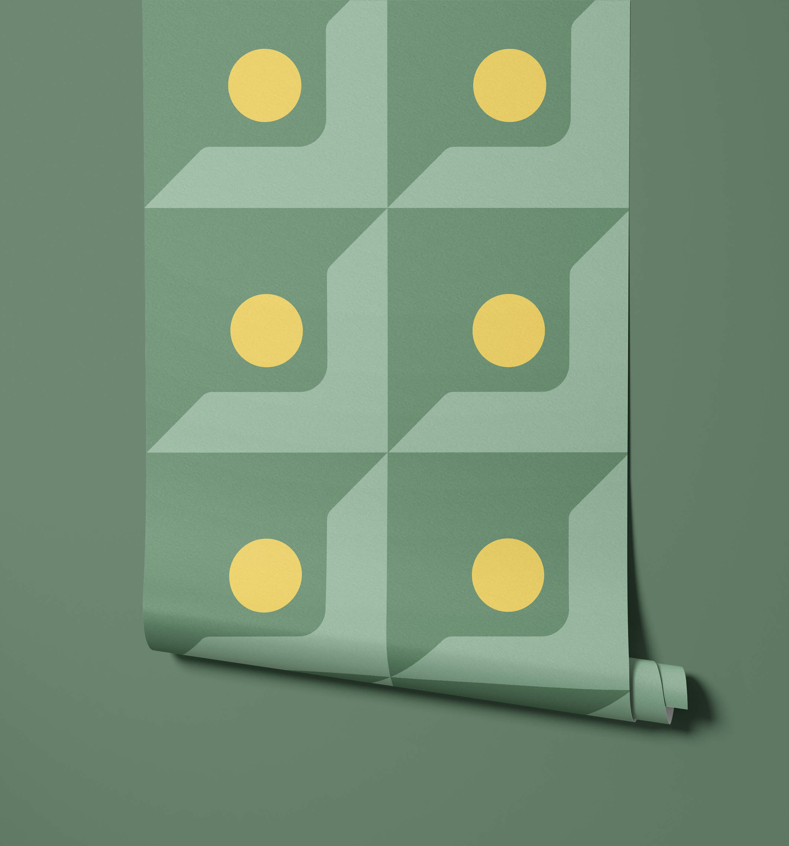 A roll of mint green wallpaper called Base with a geometric pattern and six bright yellow circular accents