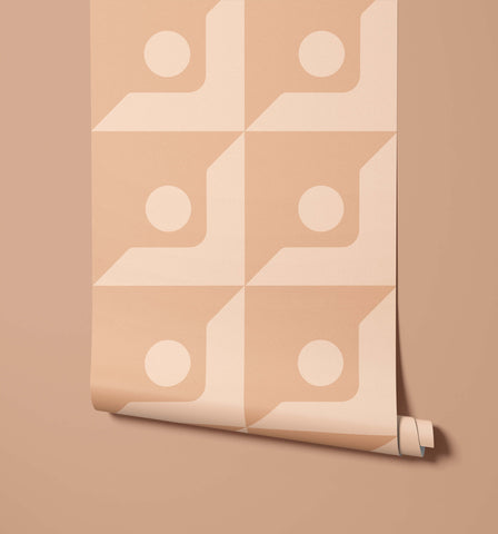 Beige geometric wallpaper base with repeating abstract shapes and white circles for stylish wall decor