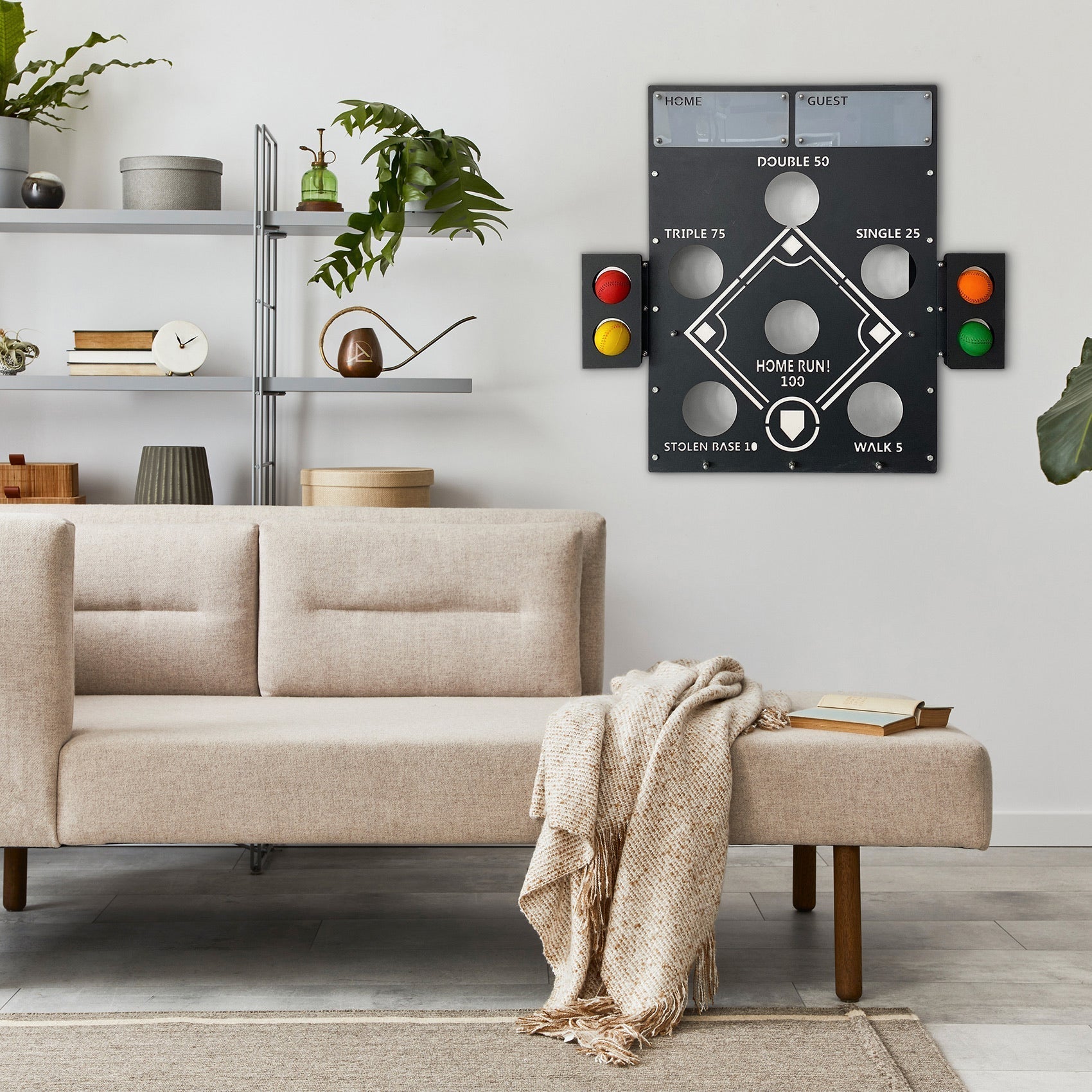 Black metal baseball wall game with traffic light accents perfect for fun baseball wall decor