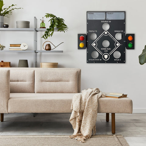 Black metal baseball wall game with traffic light accents perfect for fun baseball wall decor