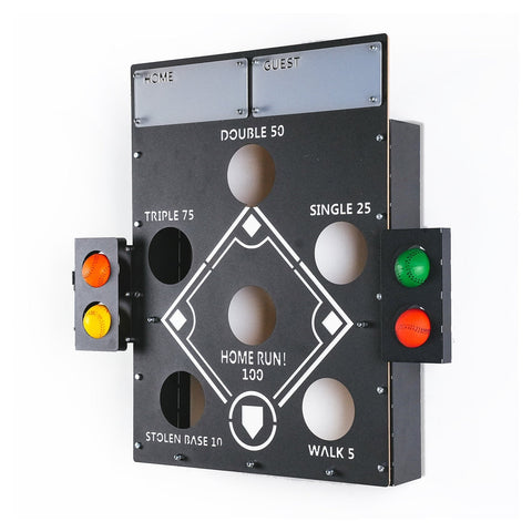 Black metal baseball wall game with circular score holes and traffic light style ball dispensers for wall game fun