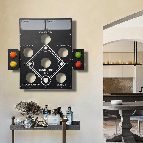 Black metal baseball wall game with colorful ball buttons and engraved game stats perfect for a baseball wall display