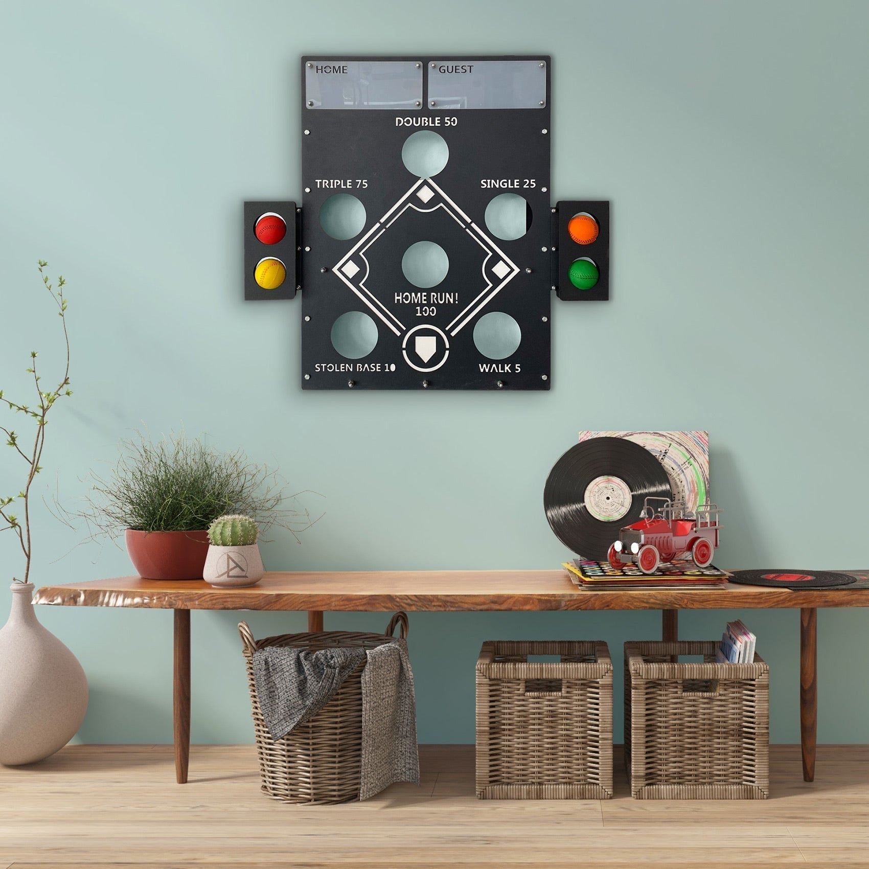 Black metal baseball wall game scoreboard decor with illuminated traffic light accents for a fun wall game