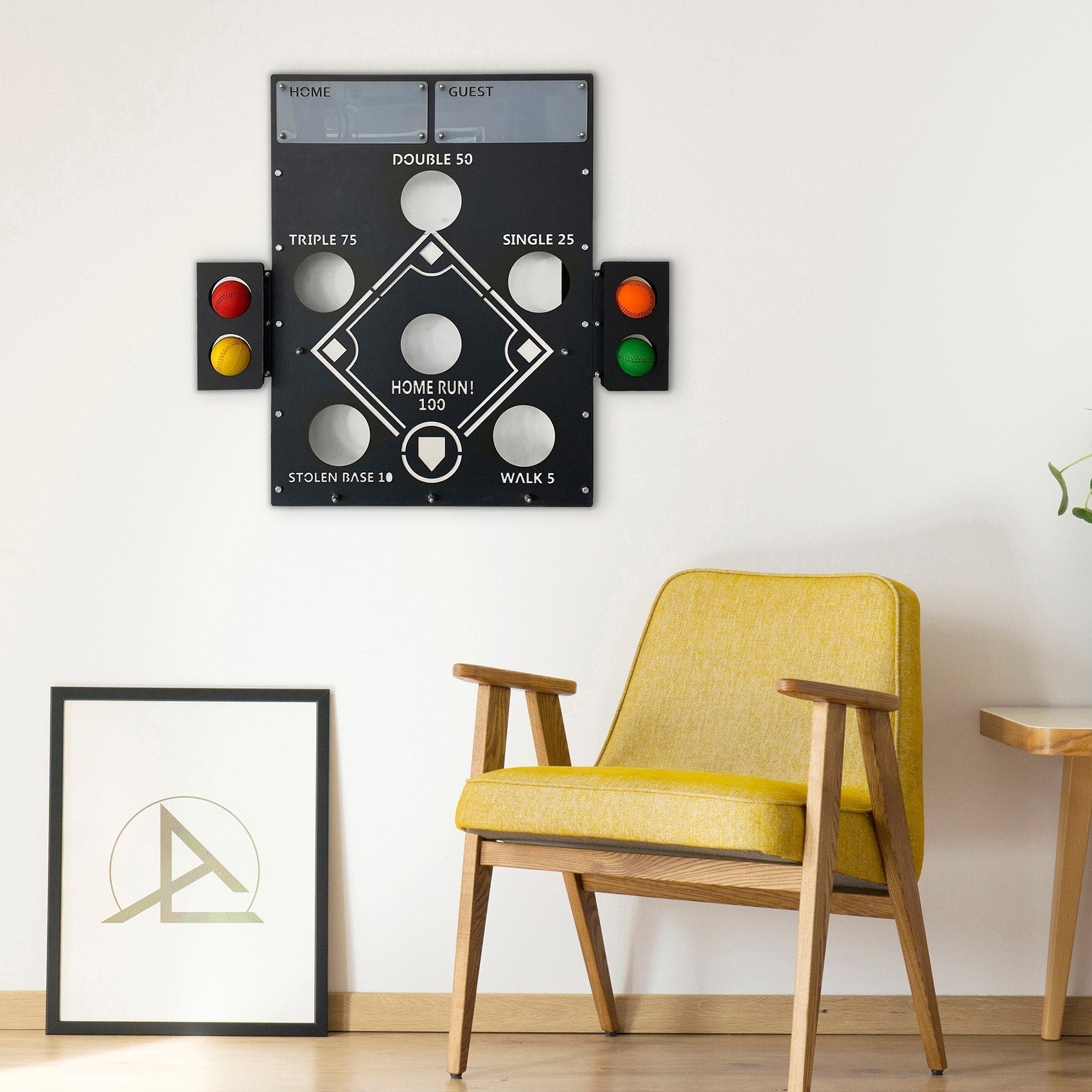 Black metal baseball wall game scoreboard with traffic light accents and white engraved scoring zones for easy tracking