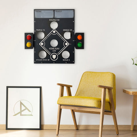 Black metal baseball wall game scoreboard with traffic light accents and white engraved scoring zones for easy tracking
