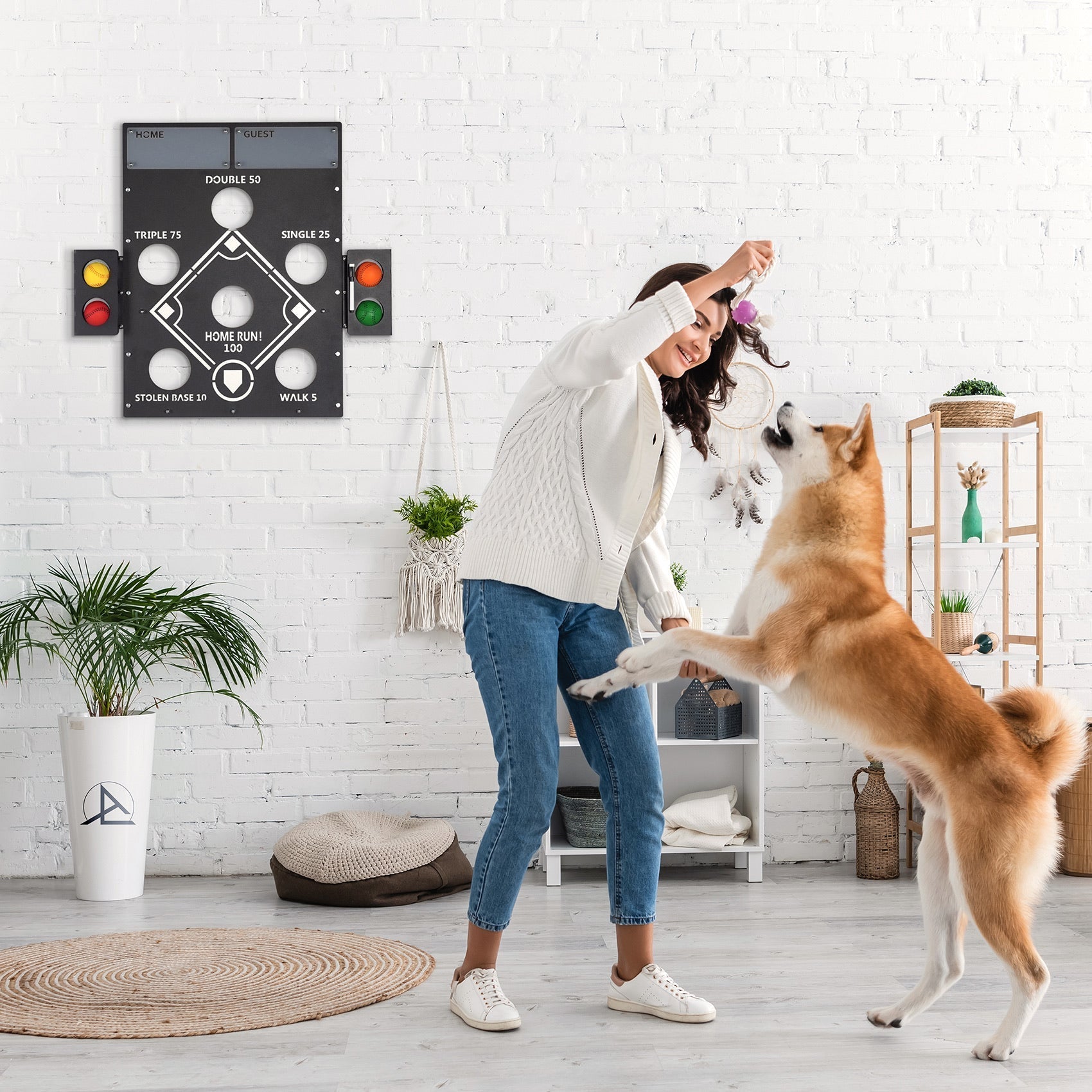 Black baseball wall game with white circular targets and colored traffic light indicators for fun wall play
