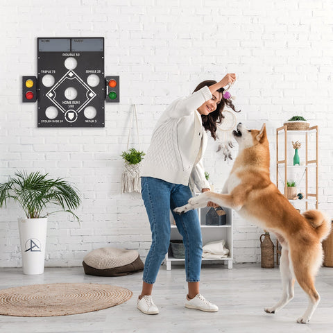 Black baseball wall game with white circular targets and colored traffic light indicators for fun wall play