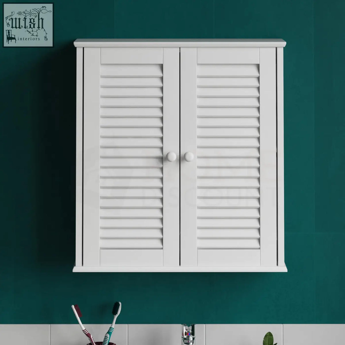 White louvered bath vida bathroom cabinet with round knobs double door wall mounted storage shelf