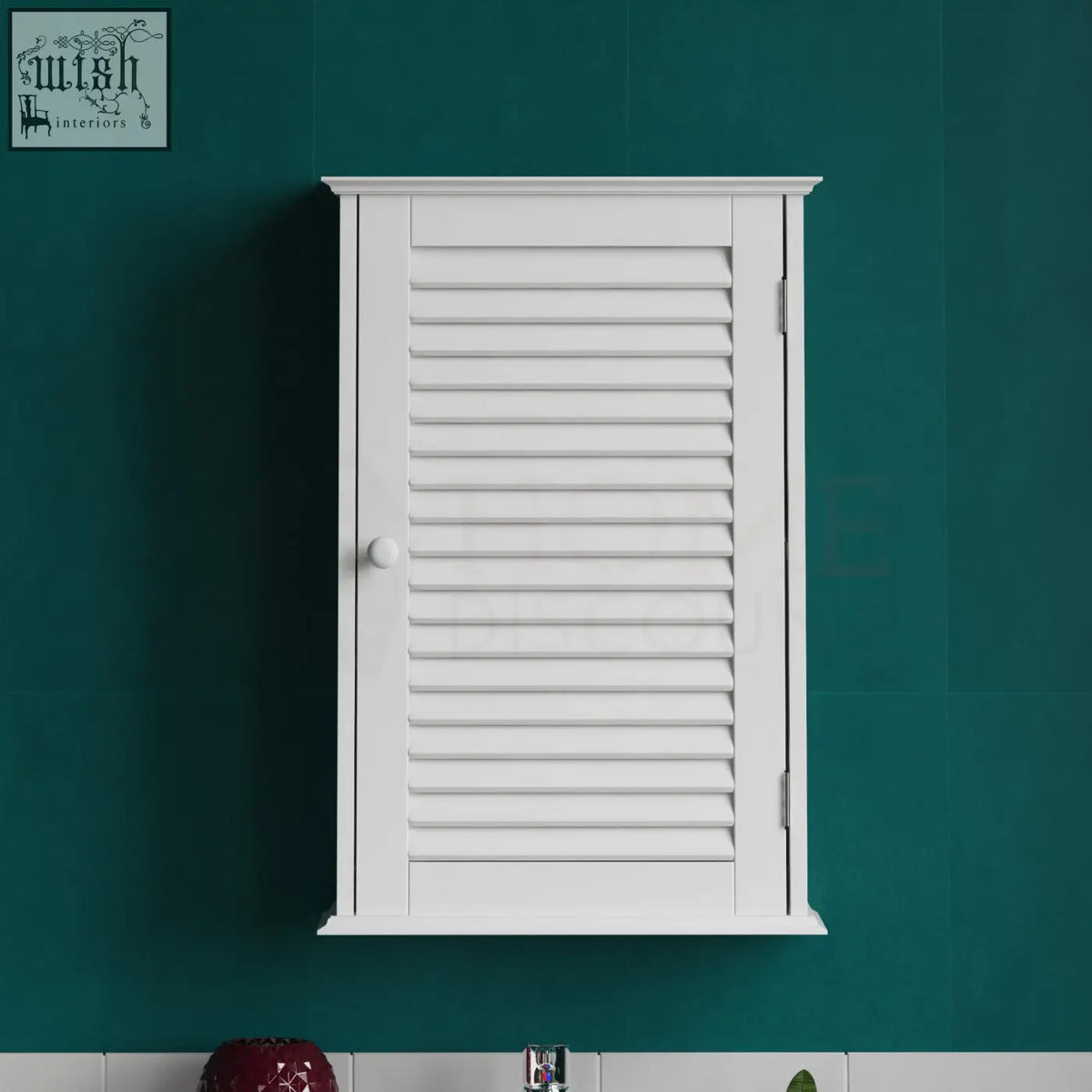 White wooden louvered bath vida bathroom cabinet with round knob and silver hinges for wall mounted storage