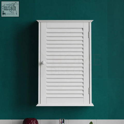 White wooden louvered bath vida bathroom cabinet with round knob and silver hinges for wall mounted storage