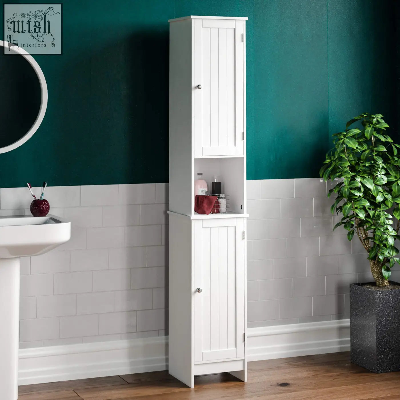 White wooden tall bathroom cabinet with two doors and open shelf from bath vida priano for bathroom storage