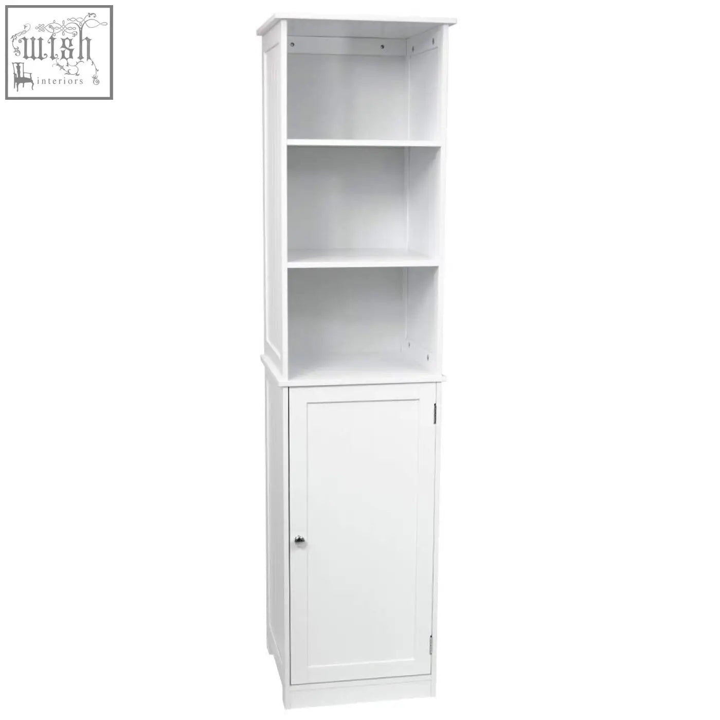 White wooden priano tall cabinet with three open shelves and single door bathroom storage cupboard unit
