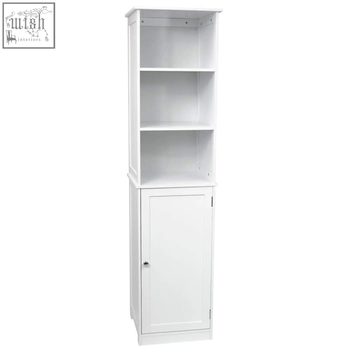 White wooden priano tall cabinet with three open shelves and single door bathroom storage cupboard unit