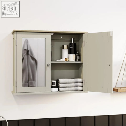 Beige bath vida priano wall cabinet with one door mirrored panel and one solid panel, minimalist bathroom storage cupboard