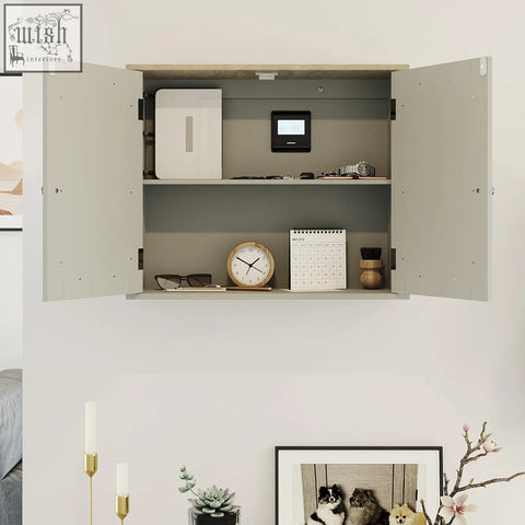 Gray bath vida priano wall cabinet with two door mirrored panels and open shelves showing a white printer and thermostat