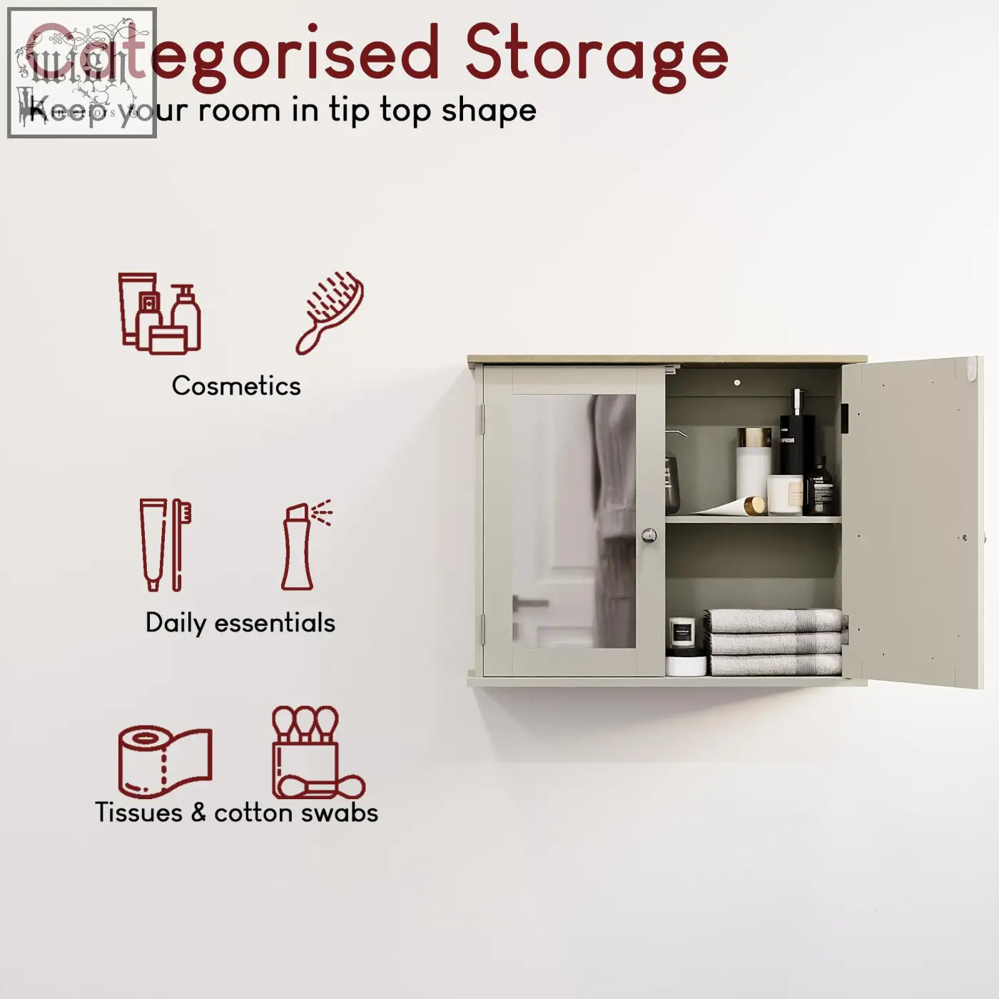 Beige bath vida priano wall cabinet with door mirrored panel and solid door storing cosmetics and essentials