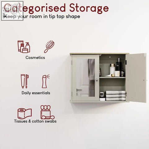 Beige bath vida priano wall cabinet with door mirrored panel and solid door storing cosmetics and essentials