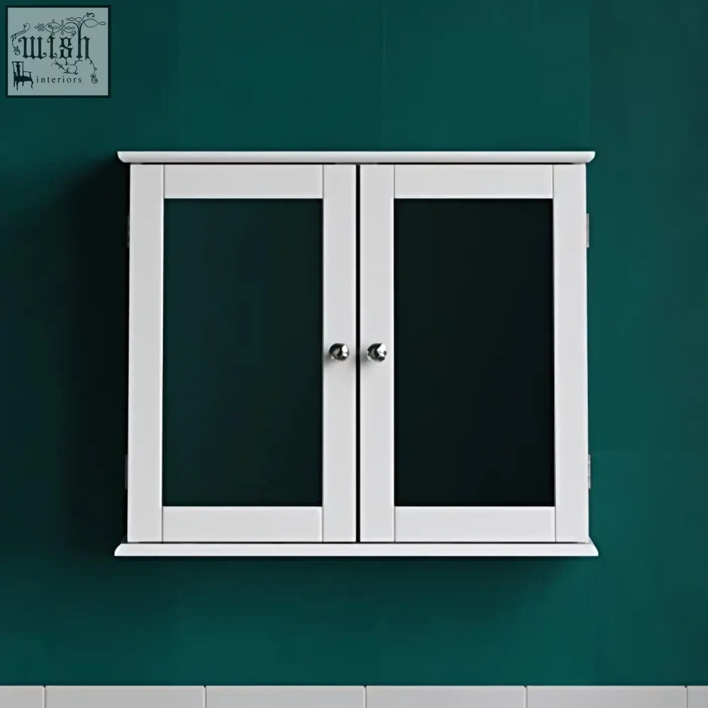 White wooden bath vida priano bathroom cabinet with two dark green frosted glass door mirrored panels and silver knobs