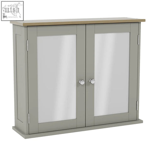 Gray wooden bath vida priano wall cabinet with oak top and two door mirrored storage for bathroom