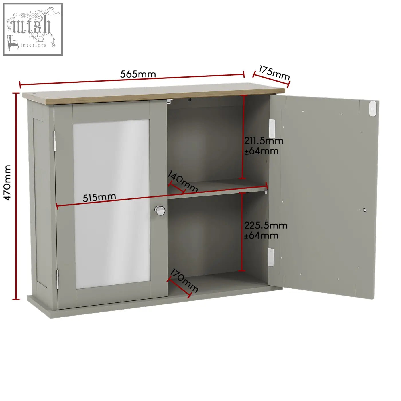 Bath vida priano grey and oak wall cabinet with one door mirrored glass and marked internal shelf dimensions for storage