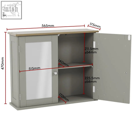 Bath vida priano grey and oak wall cabinet with one door mirrored glass and marked internal shelf dimensions for storage