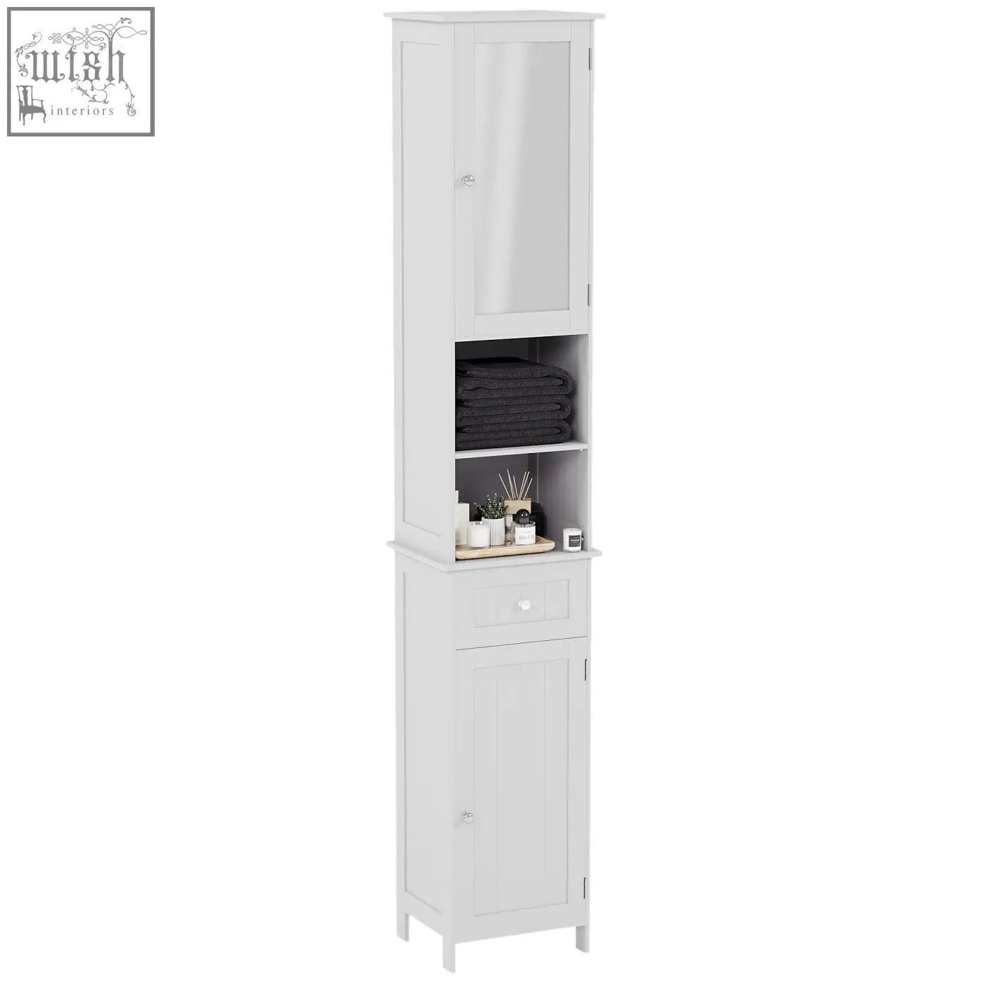 White wooden bath Vida Priano tall mirror cabinet with shelves holding towels and decor items for bathroom storage