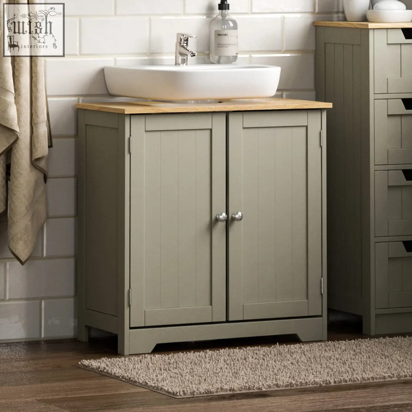 Gray wooden bath vida priano bathroom vanity with light oak countertop and silver knobs for under sink storage