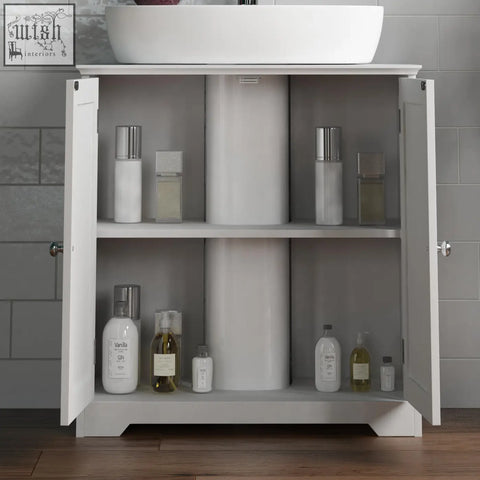 White bath vida priano under sink bathroom cabinet with open doors showing shelves and a central cylindrical container