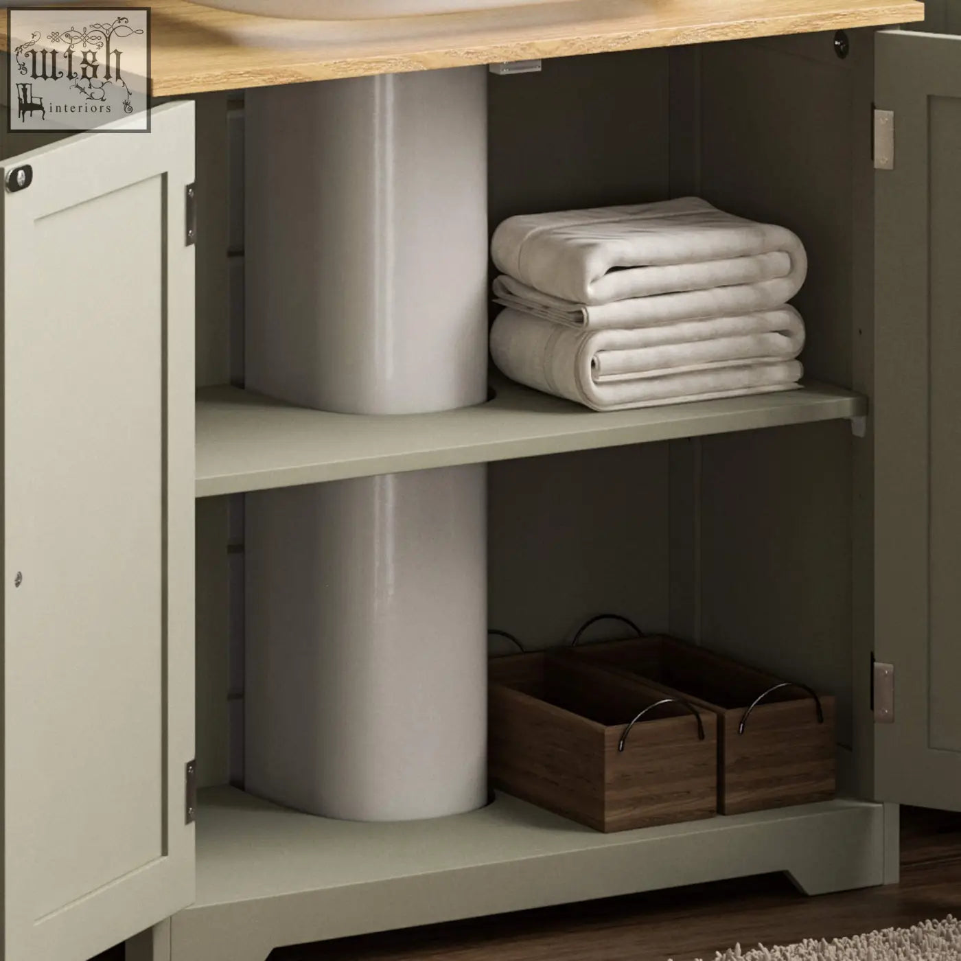 Bath vida priano bathroom cabinet in light green with natural wood countertop and open shelving for under sink storage