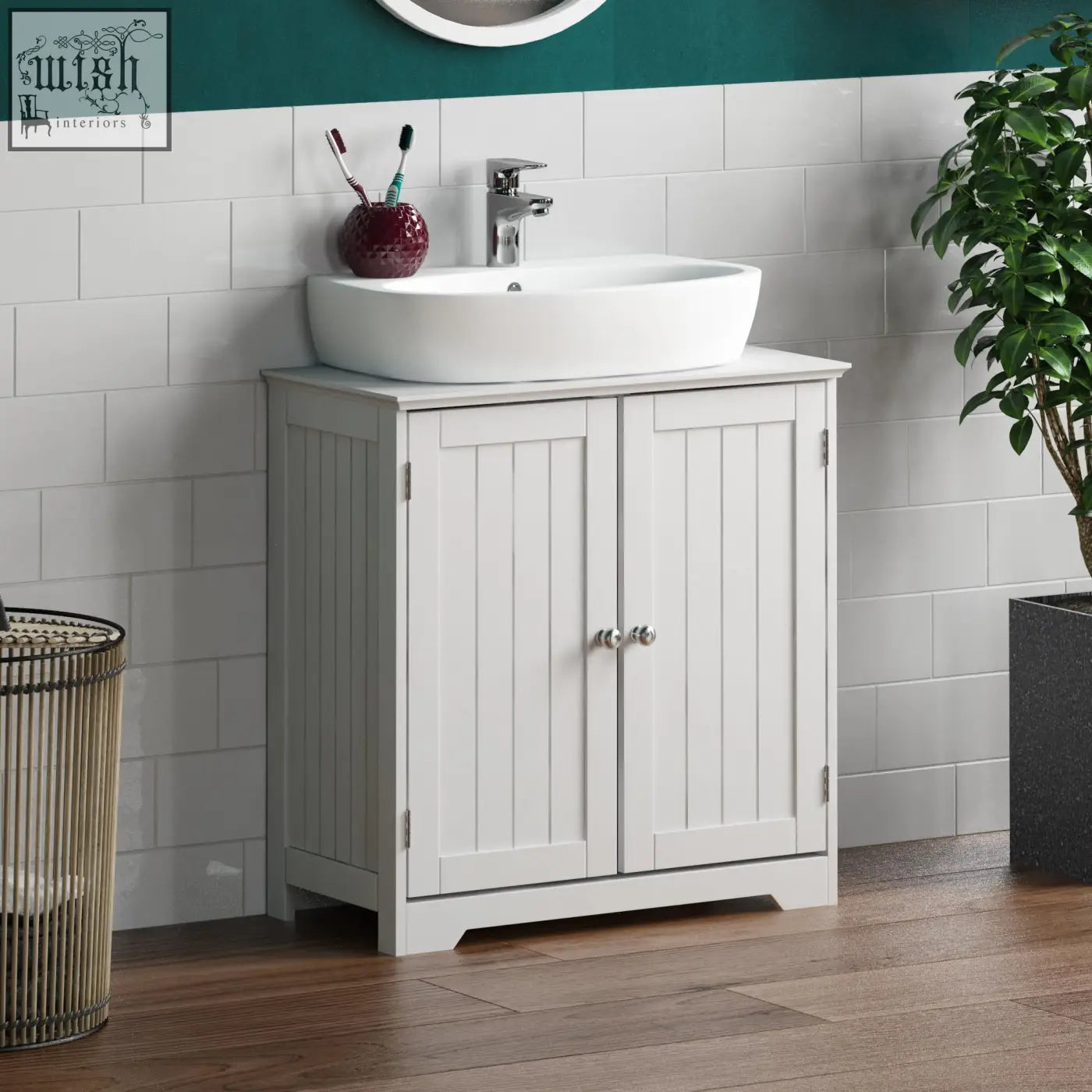 White wooden bath vida priano bathroom vanity with two doors silver knobs floor standing storage cupboard