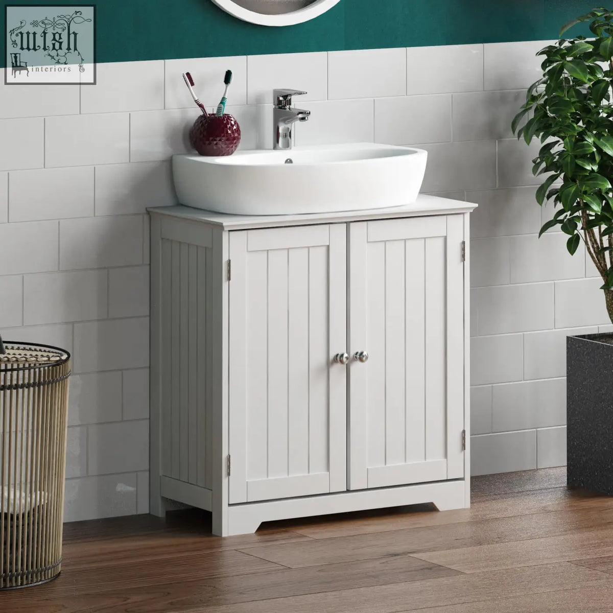 White wooden bath vida priano bathroom vanity with two doors silver knobs floor standing storage cupboard