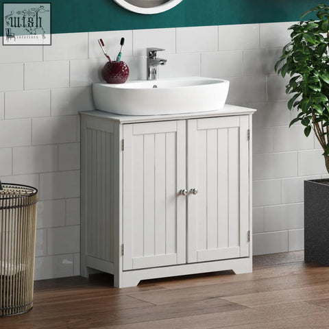 White wooden bath vida priano bathroom vanity with two doors silver knobs floor standing storage cupboard