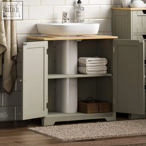 Gray painted wooden bath vida priano bathroom vanity with open doors, oak countertop, and white ceramic sink above