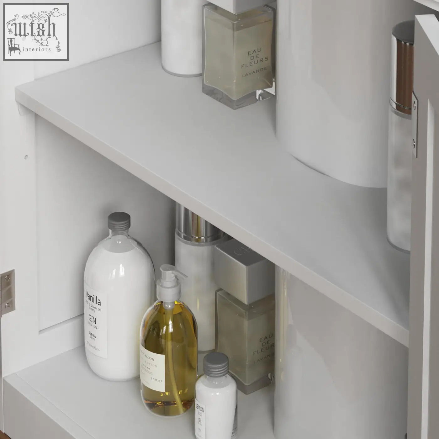 White ceramic bottle with gray cap labeled vanilla on shelf inside bath vida priano bathroom storage cupboard