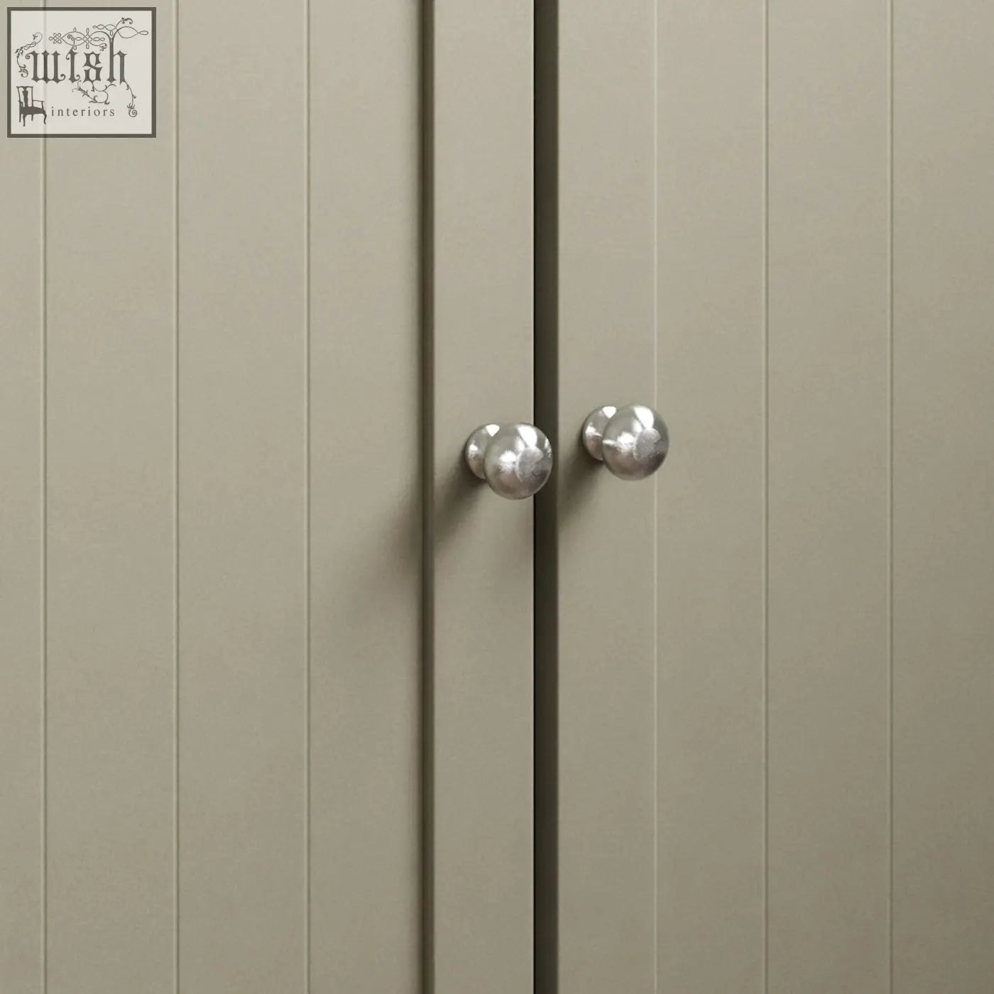 Silver spherical cabinet knobs with polished metallic finish on bath vida priano grey and oak bathroom cupboard