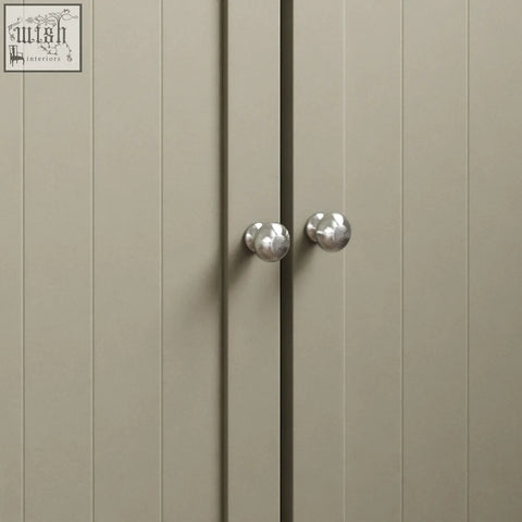 Silver spherical cabinet knobs with polished metallic finish on bath vida priano grey and oak bathroom cupboard