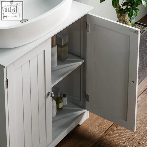 White bath vida priano under sink bathroom cabinet with vertical paneling and silver hardware for floor storage