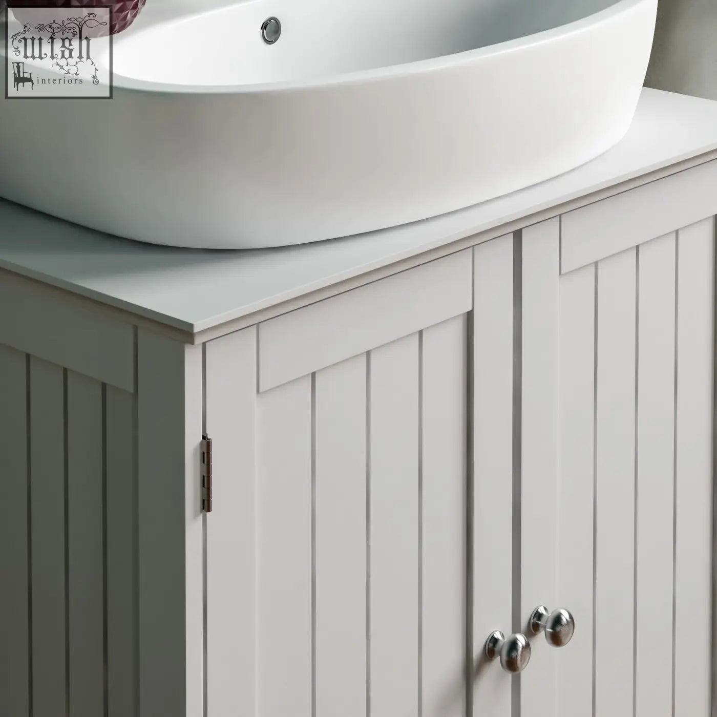 White oval sink with glossy finish and chrome faucet in bath vida priano under sink bathroom cabinet unit