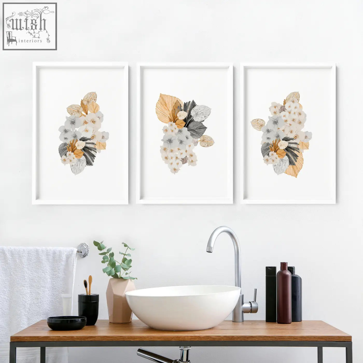 Set of 3 shabby chic bathroom decorations featuring framed white gold and gray botanical wall art on white background