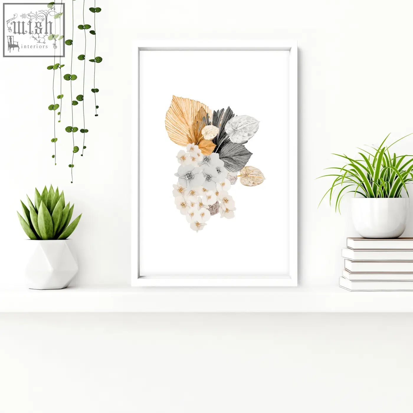 A framed shabby chic wall art with white flowers and gold gray leaves perfect for bathroom decorations