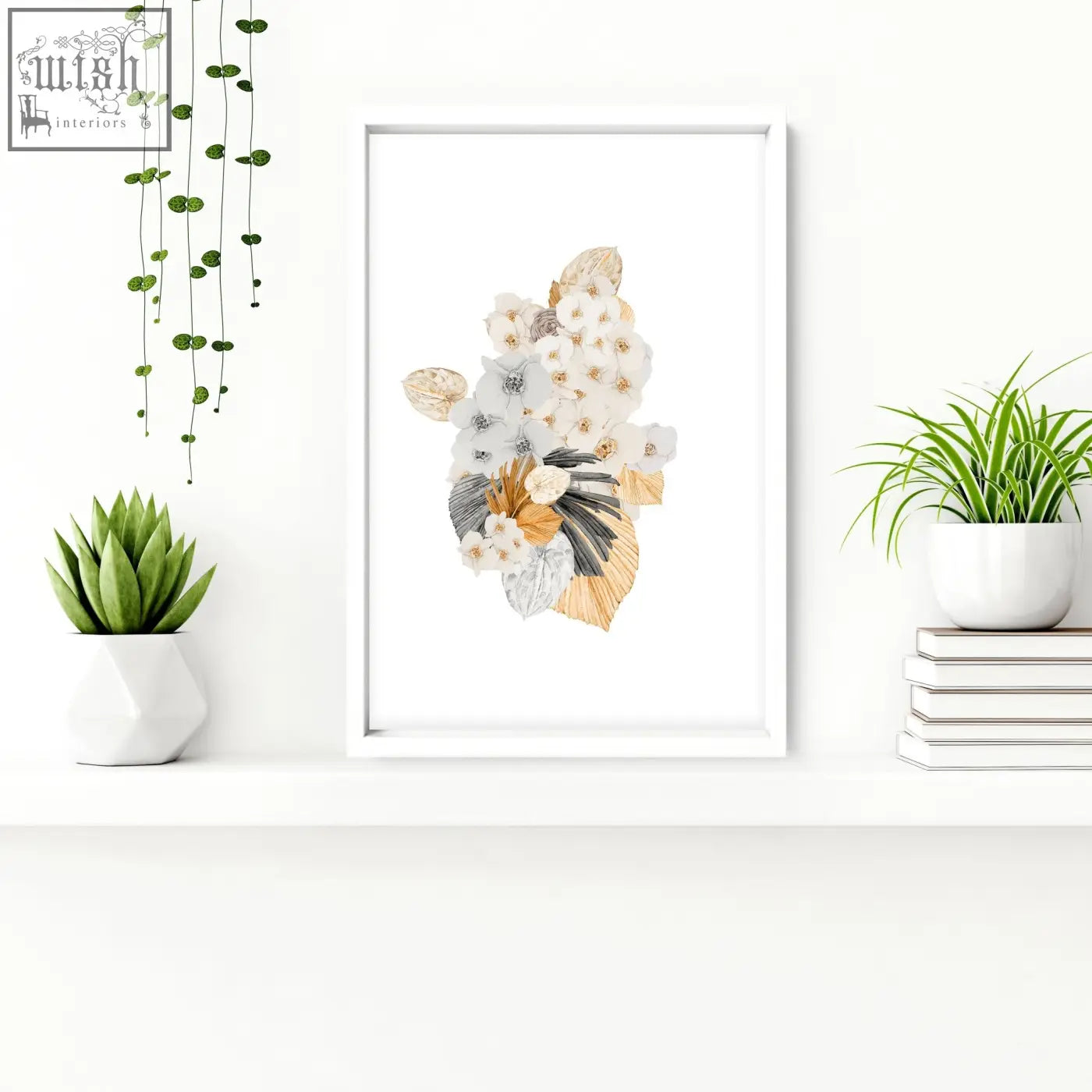 A set of 3 shabby chic bathroom decorations featuring framed white gold and gray floral wall art in minimalist frames