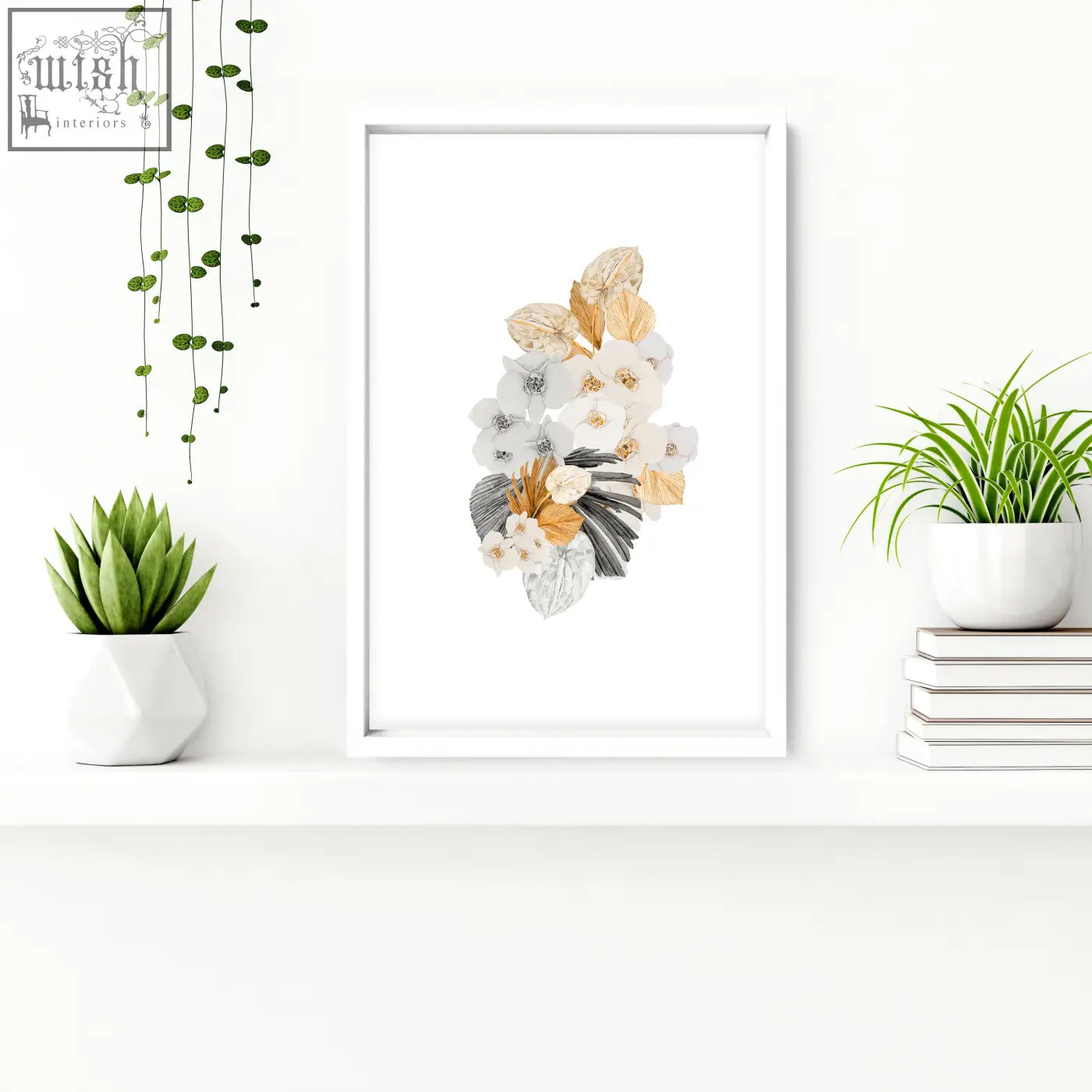 A set of 3 shabby chic bathroom decorations featuring framed wall art with delicate white gold and gray flowers and textured leaves
