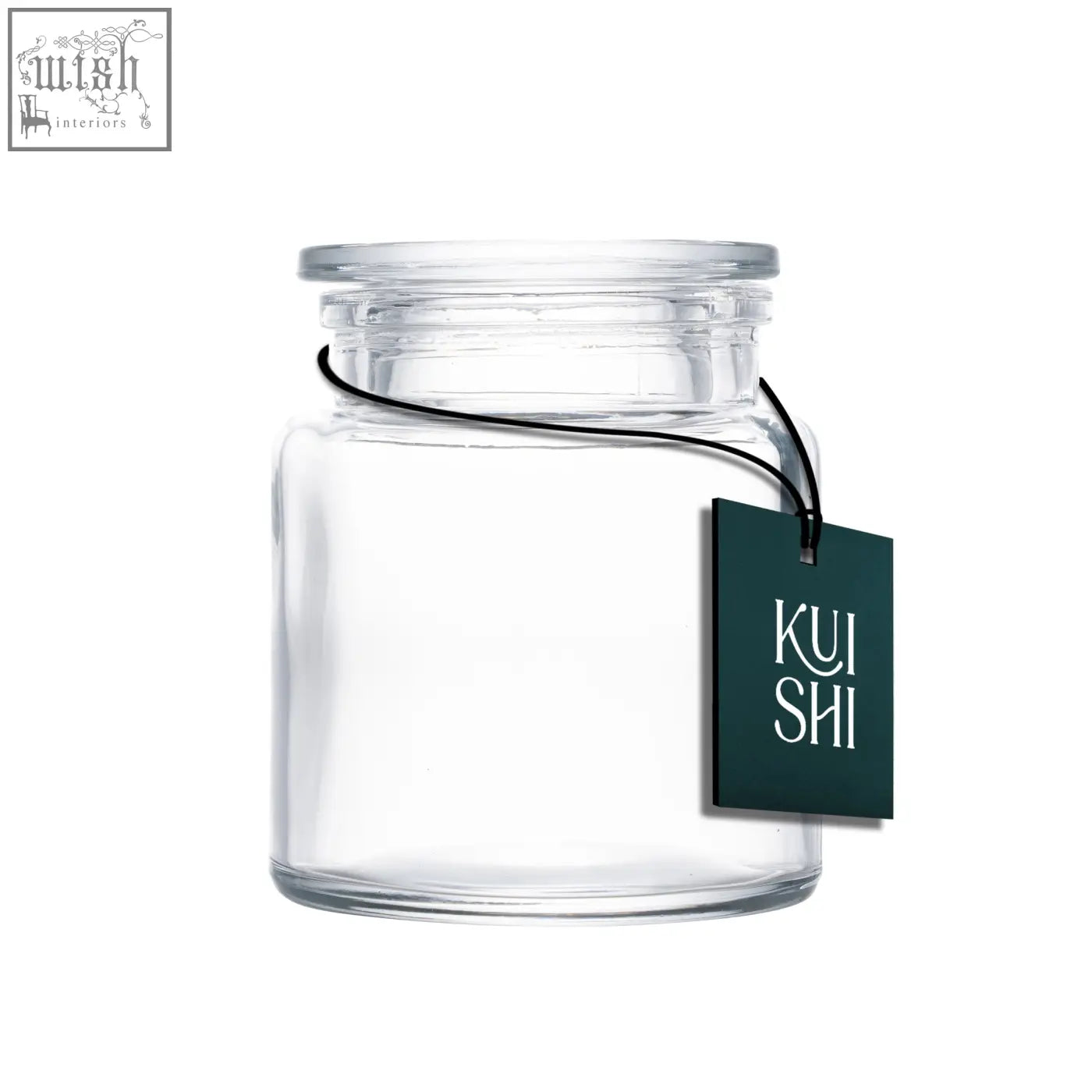 Clear glass bathroom storage jar with matching lid and dark green kui shi tag perfect for storing cotton pads