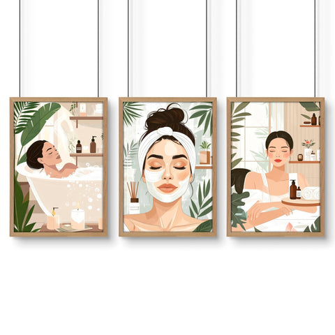Bathroom Wall Decor Framed | Set of 3 Boho Women Wall art Prints