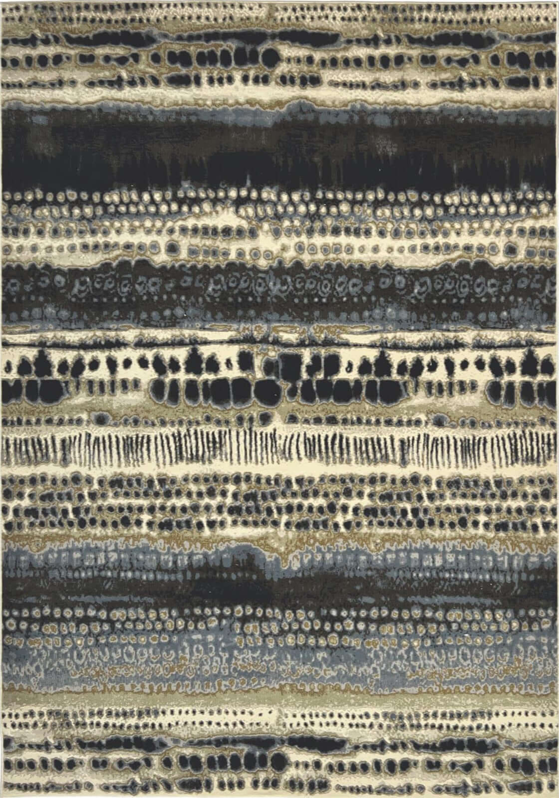 Batik multicolour abstract rug with horizontal black gray and beige bands featuring textured dot patterns