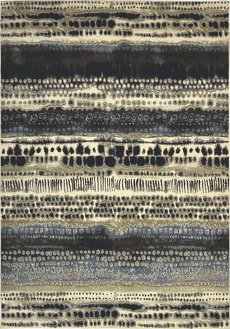 Batik multicolour abstract rug with horizontal black gray and beige bands featuring textured dot patterns