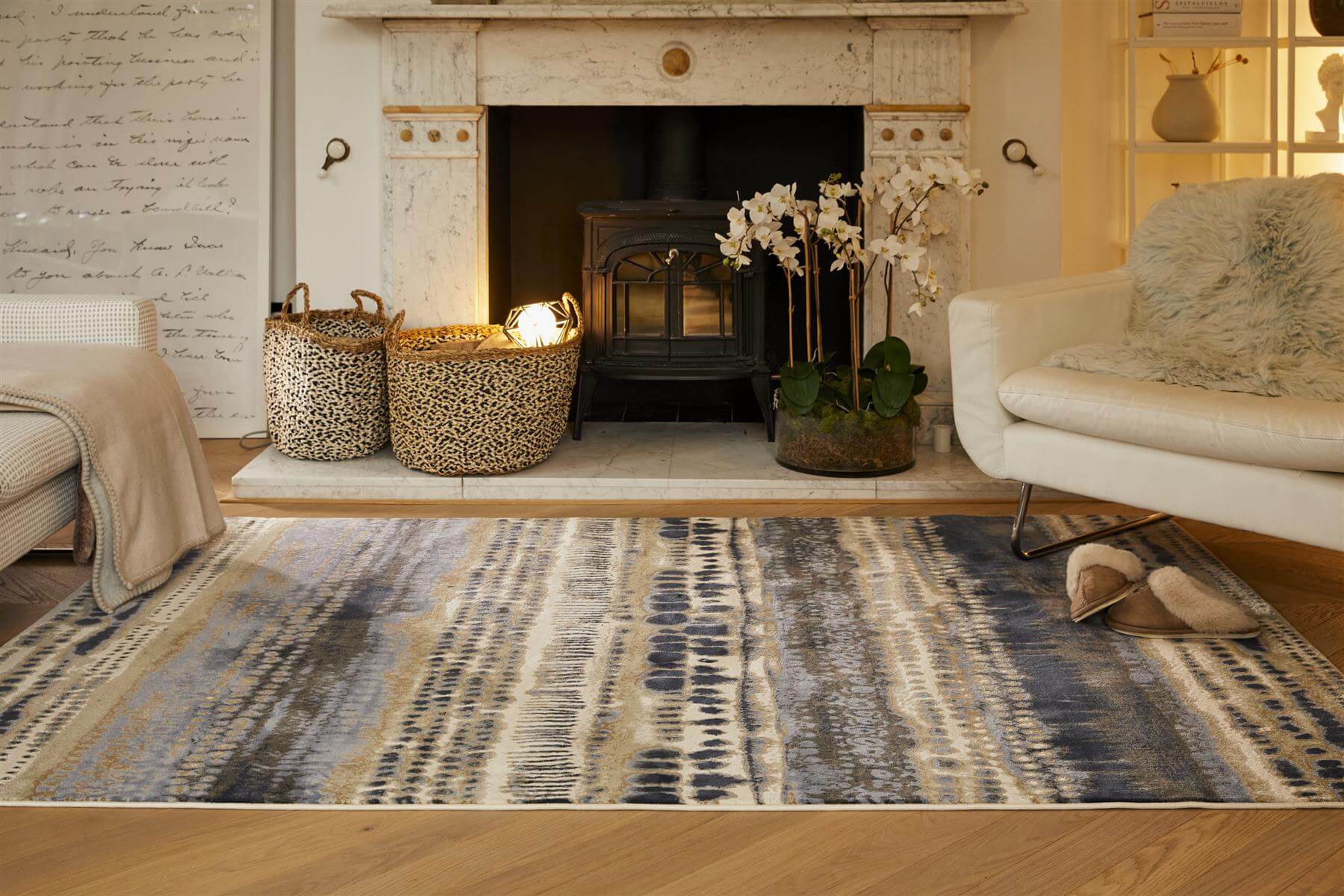 Batik multicolour abstract rug with blue and beige striped modern area rug featuring an abstract pattern