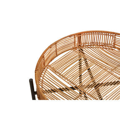Batu set of 2 natural rattan side tables featuring a round rattan tray with black metal cross base handle
