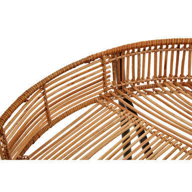 Natural-toned woven rattan batu set side table with a curved open design and sturdy cross base in natural rattan